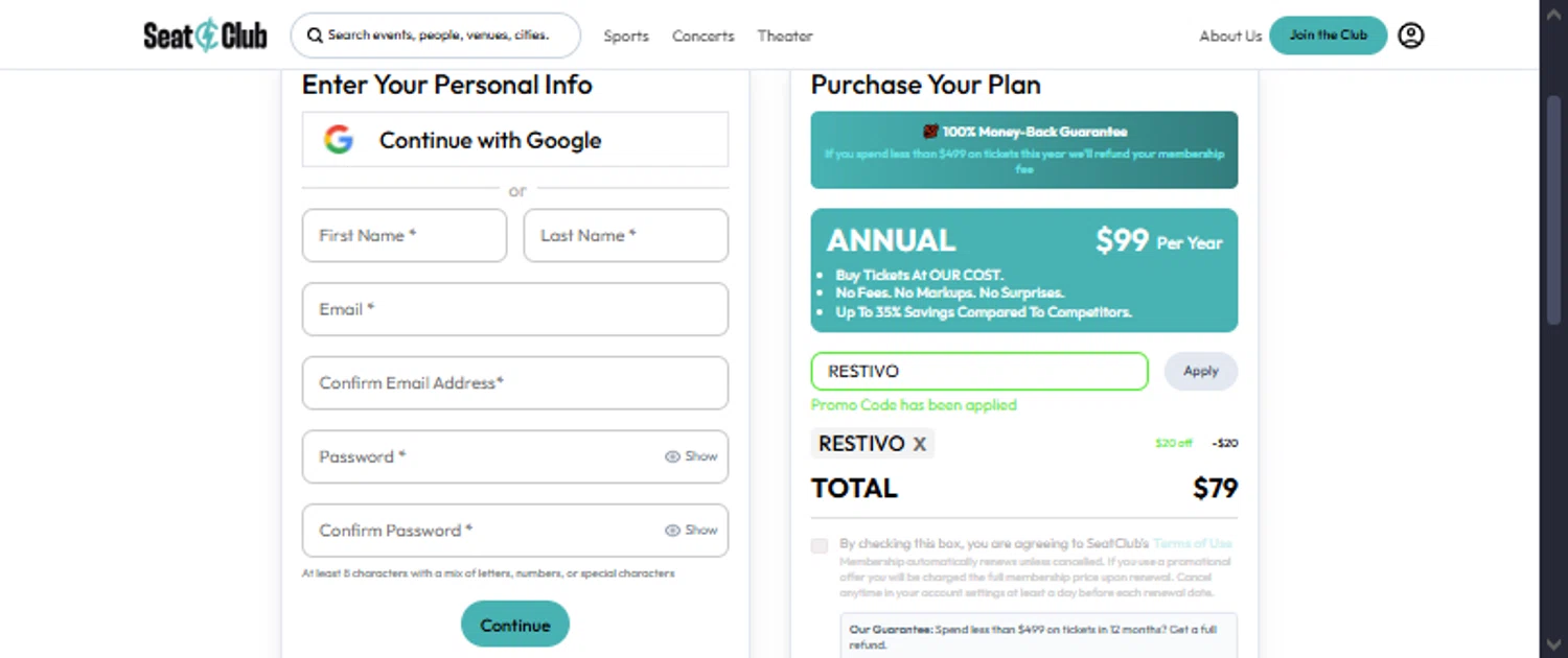 SeatClub promo code screenshot showing code RESTIVO applied at SeatClub checkout page. Uploaded by SimplyCodes community member TraxoGamer on Dec 29, 2025