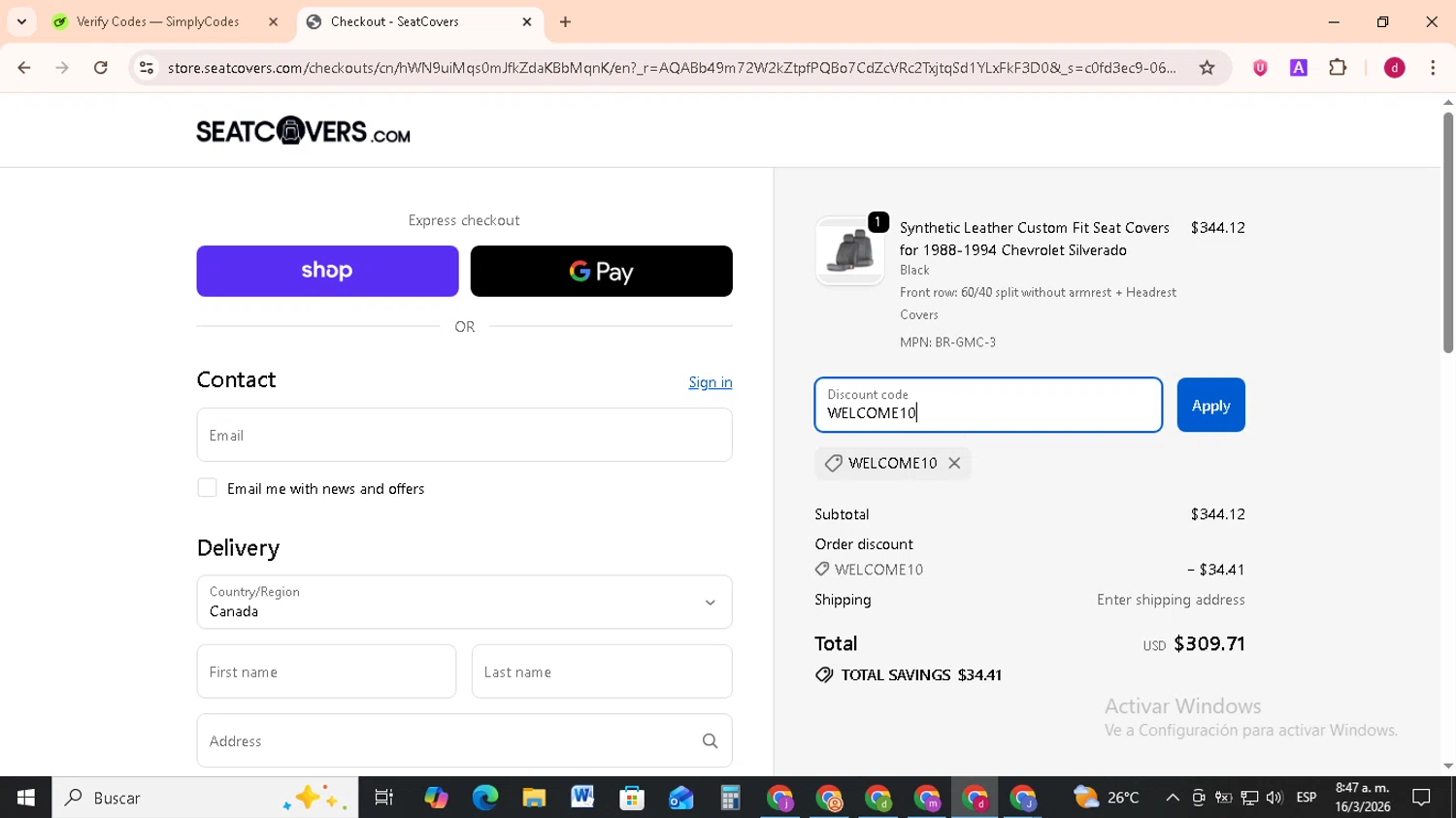 SeatCovers.com promo code screenshot showing code WELCOME10 applied at SeatCovers.com checkout page. Uploaded by SimplyCodes community member FrugalMonarch7277 on Mar 16, 2026