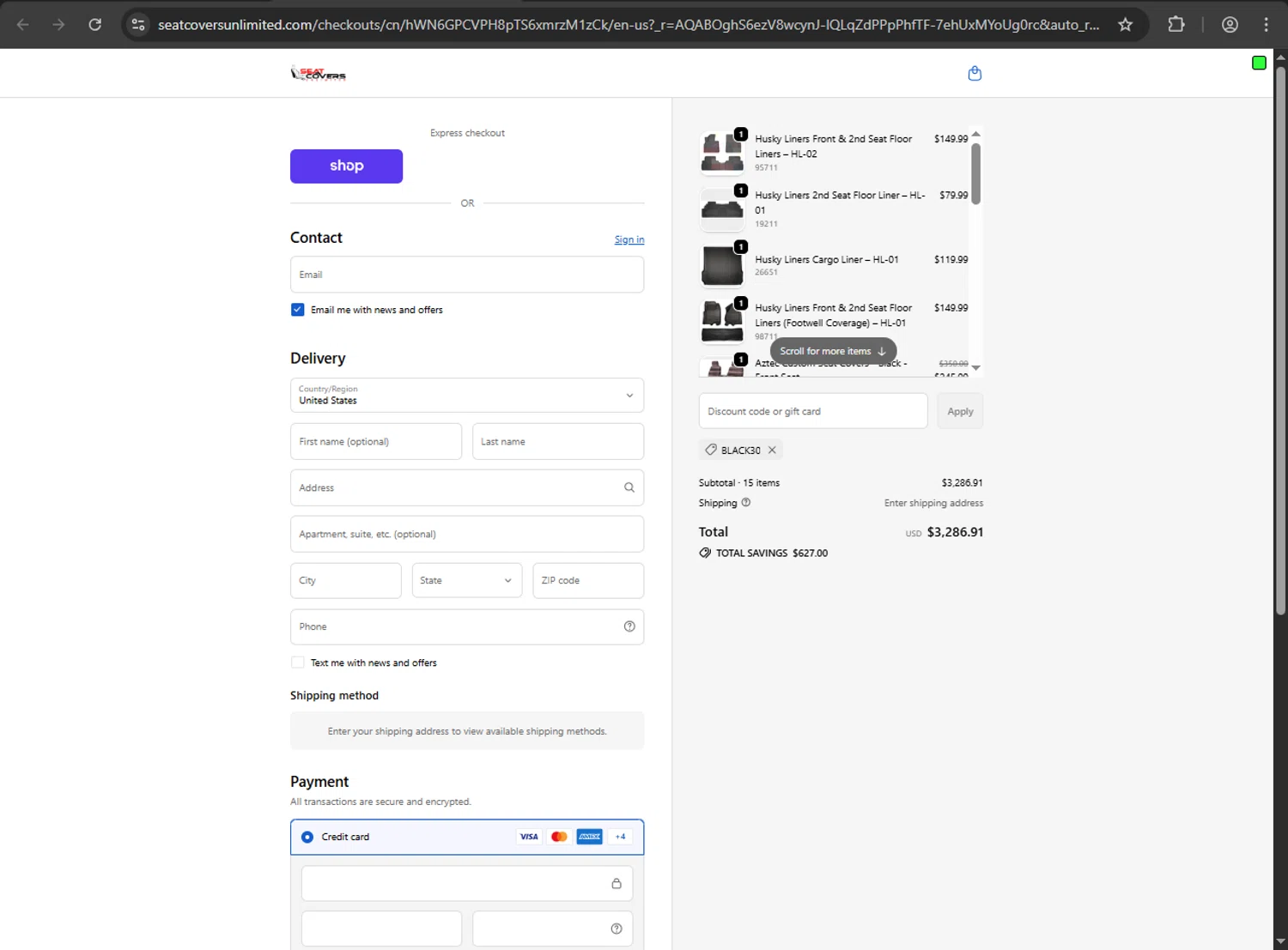 Seat Covers Unlimited promo code screenshot showing code BLACK30 applied at Seat Covers Unlimited checkout page. Uploaded by SimplyCodes community member webopeluo on Dec 10, 2025