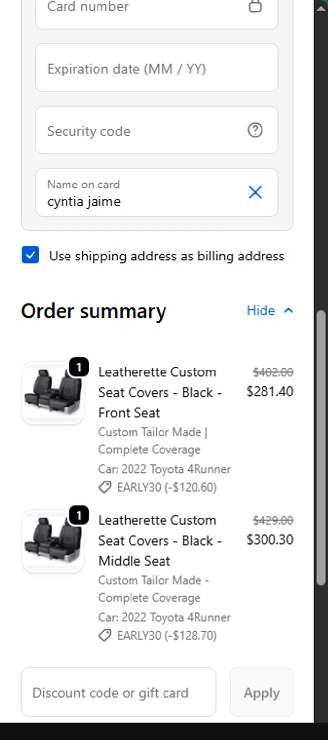 Seat Covers Unlimited promo code screenshot showing code EARLY30 applied at Seat Covers Unlimited checkout page. Uploaded by SimplyCodes community member Cintirivero on Nov 14, 2025