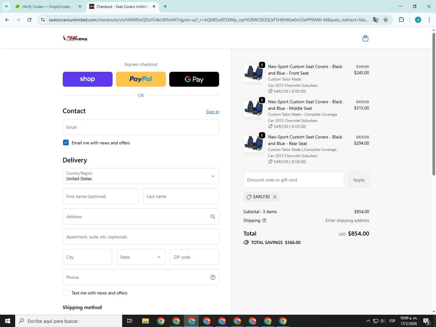 Seat Covers Unlimited checkout page showing Seat Covers Unlimited promo code box | Screenshot taken by SimplyCodes community member on Feb 17, 2026