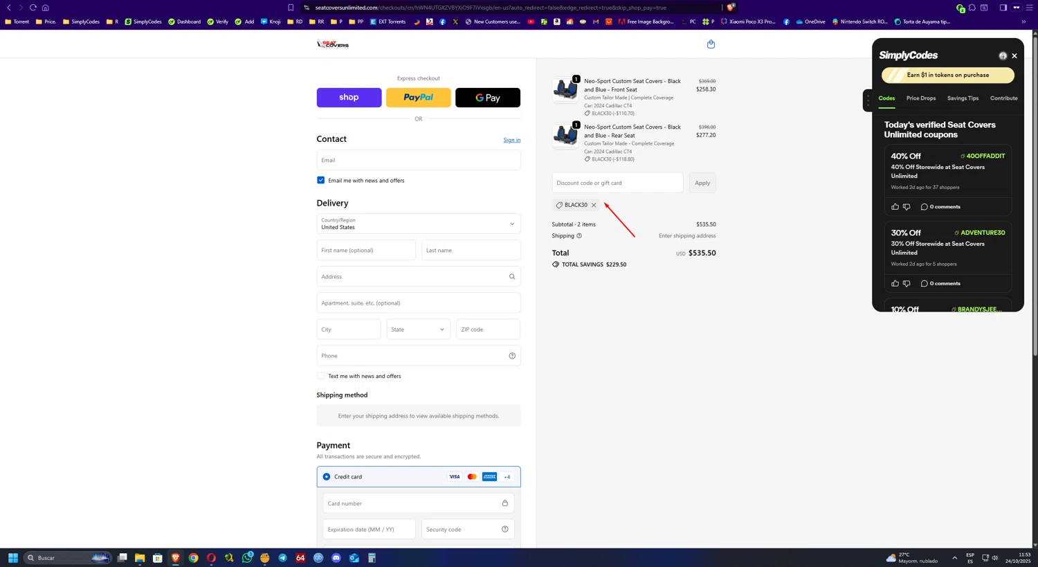 Seat Covers Unlimited promo code screenshot showing code BLACK30 applied at Seat Covers Unlimited checkout page. Uploaded by SimplyCodes community member UnkNownVnzla on Oct 24, 2025