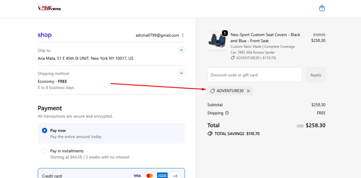 Seat Covers Unlimited promo code screenshot showing code ADVENTURE30 applied at Seat Covers Unlimited checkout page. Uploaded by SimplyCodes community member peachee on Oct 14, 2025