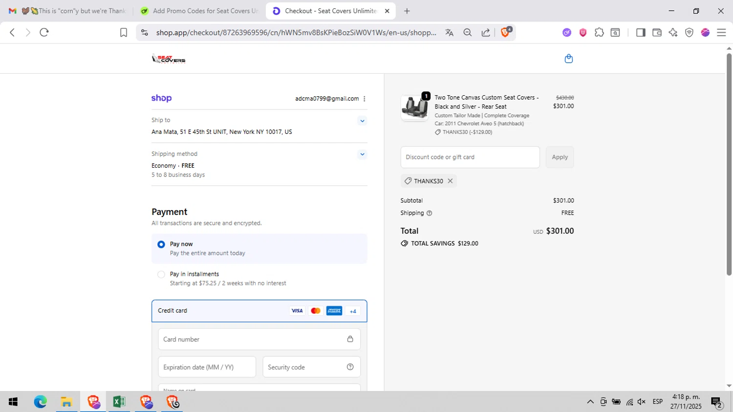 Seat Covers Unlimited promo code screenshot showing code THANKS30 applied at Seat Covers Unlimited checkout page. Uploaded by SimplyCodes community member peachee on Nov 27, 2025