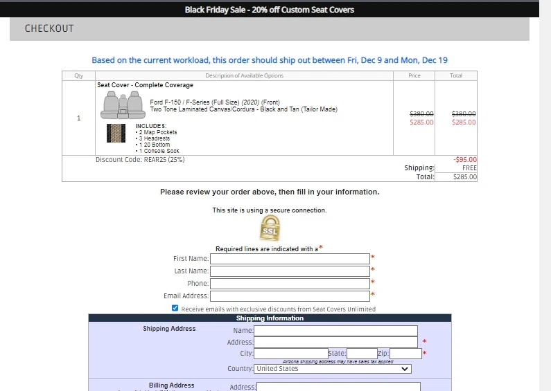where to use Seat Covers Unlimited promo code box