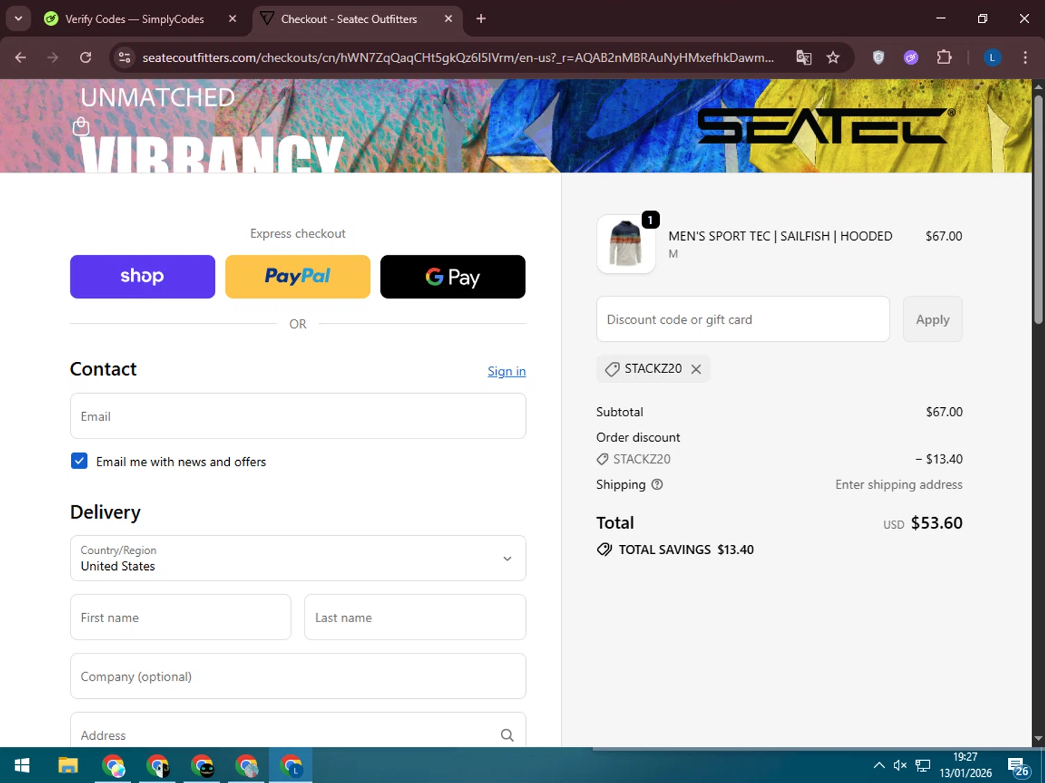Seatec Outfitters discount code screenshot showing code STACKZ20 applied at Seatec Outfitters checkout page. Uploaded by SimplyCodes community member LegendaryLegend5536 on Jan 13, 2026