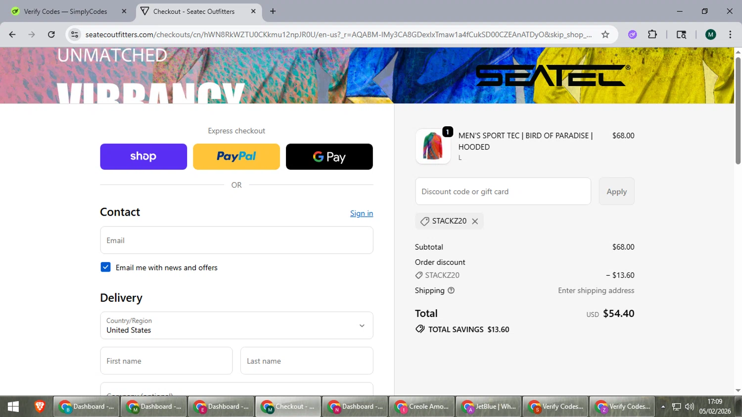Seatec Outfitters discount code screenshot showing code STACKZ20 applied at Seatec Outfitters checkout page. Uploaded by SimplyCodes community member suieeloves on Feb 5, 2026