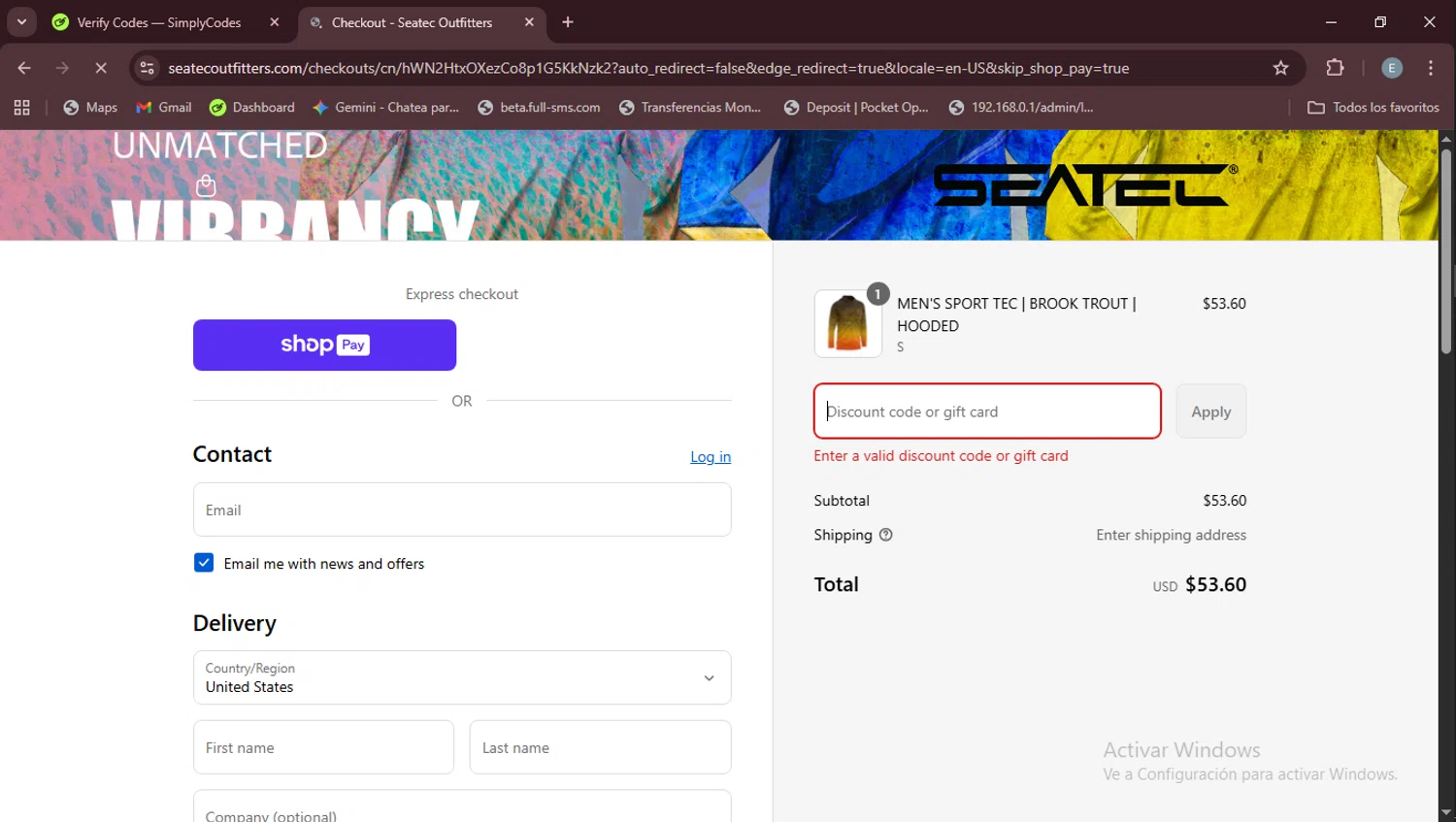 Seatec Outfitters discount code screenshot showing code STACKZ15 applied at Seatec Outfitters checkout page. Uploaded by SimplyCodes community member Esteban on Aug 27, 2025