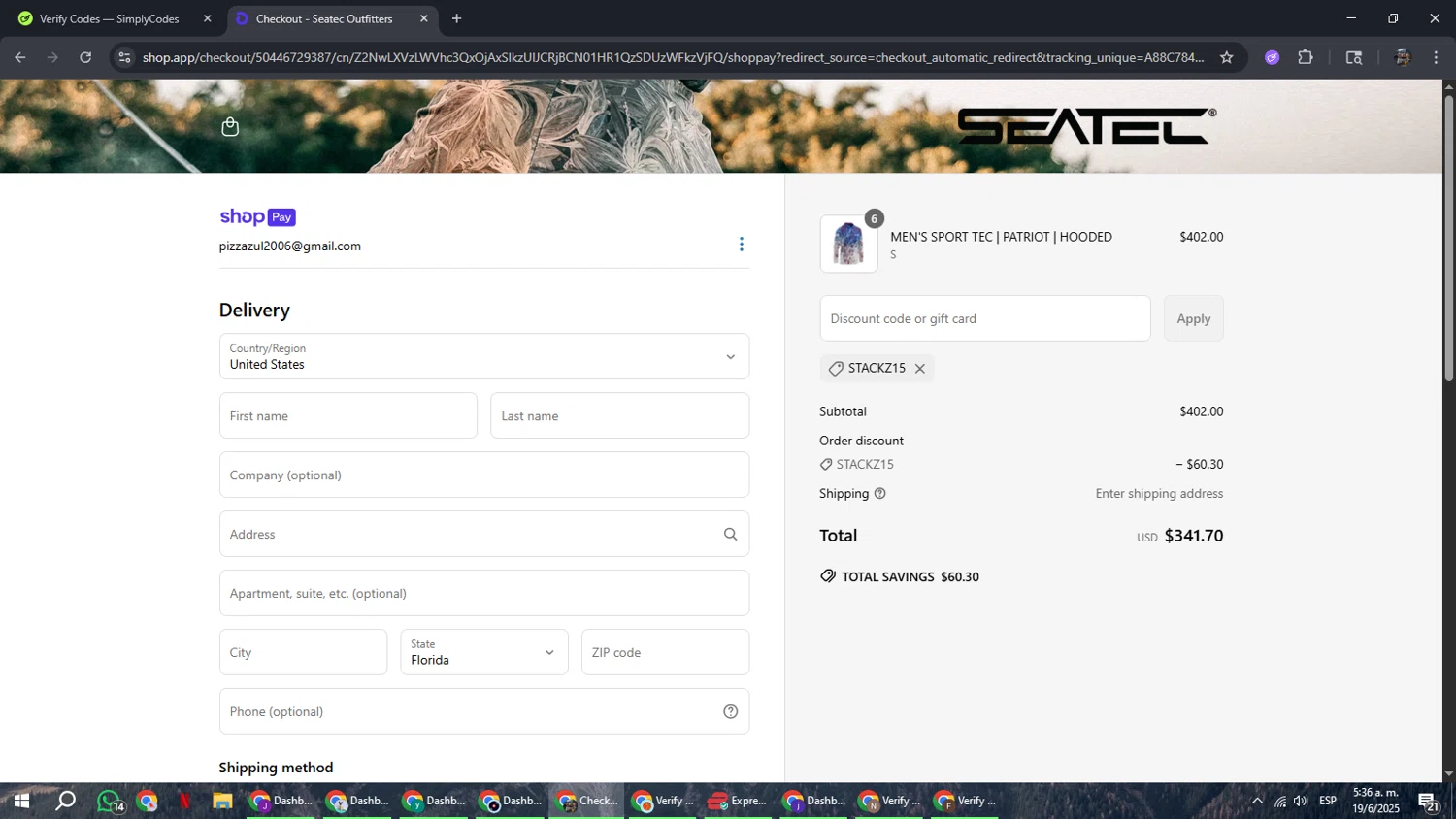Seatec Outfitters discount code screenshot showing code STACKZ15 applied at Seatec Outfitters checkout page. Uploaded by SimplyCodes community member xxdddd on Jun 19, 2025