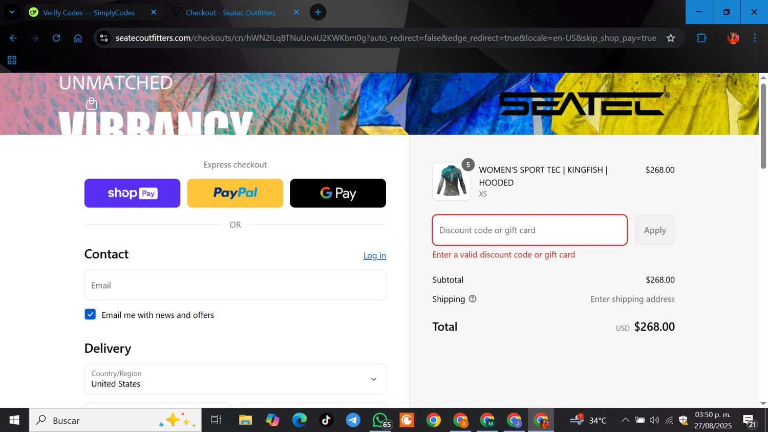Seatec Outfitters discount code screenshot showing code RYANIZ15 applied at Seatec Outfitters checkout page. Uploaded by SimplyCodes community member ELGOAT on Aug 27, 2025