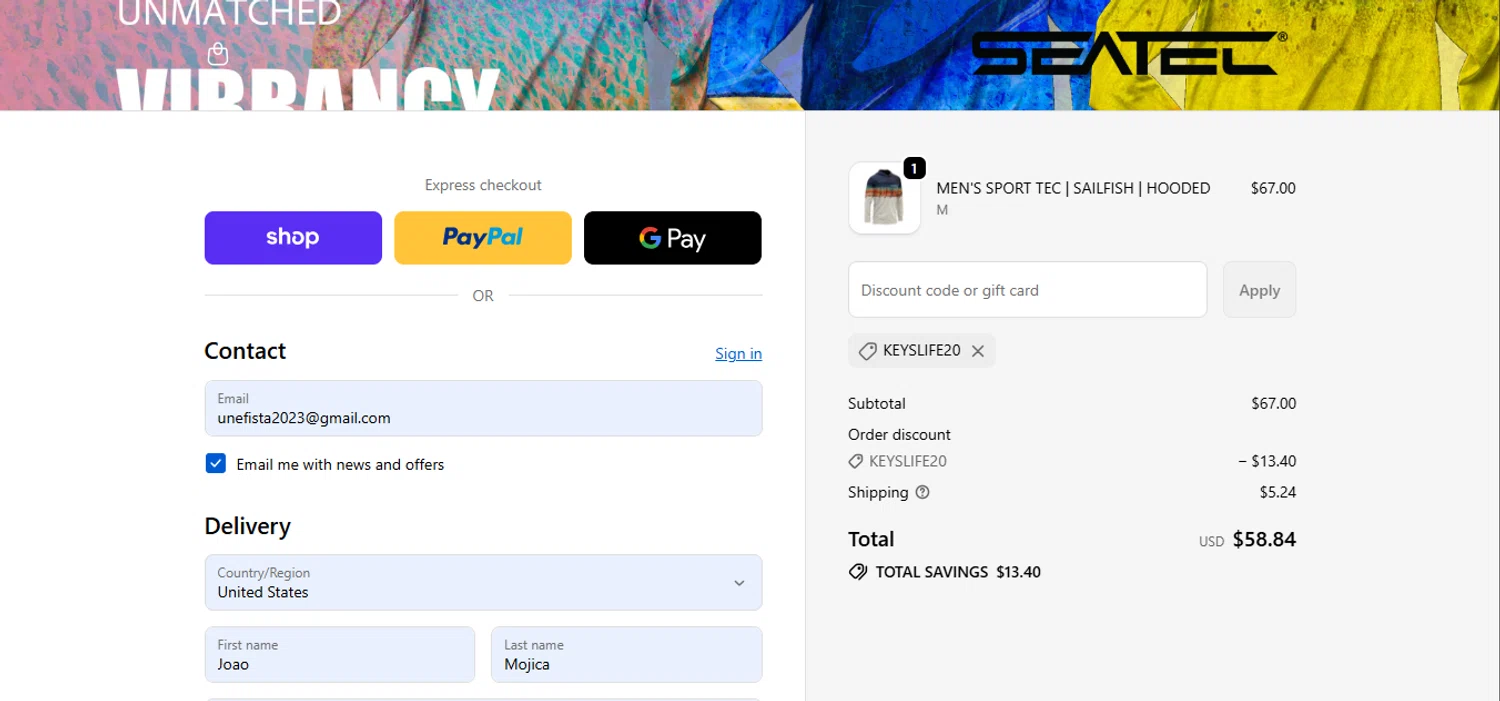 Seatec Outfitters discount code screenshot showing code KEYSLIFE20 applied at Seatec Outfitters checkout page. Uploaded by SimplyCodes community member juanisaac on Jan 13, 2026