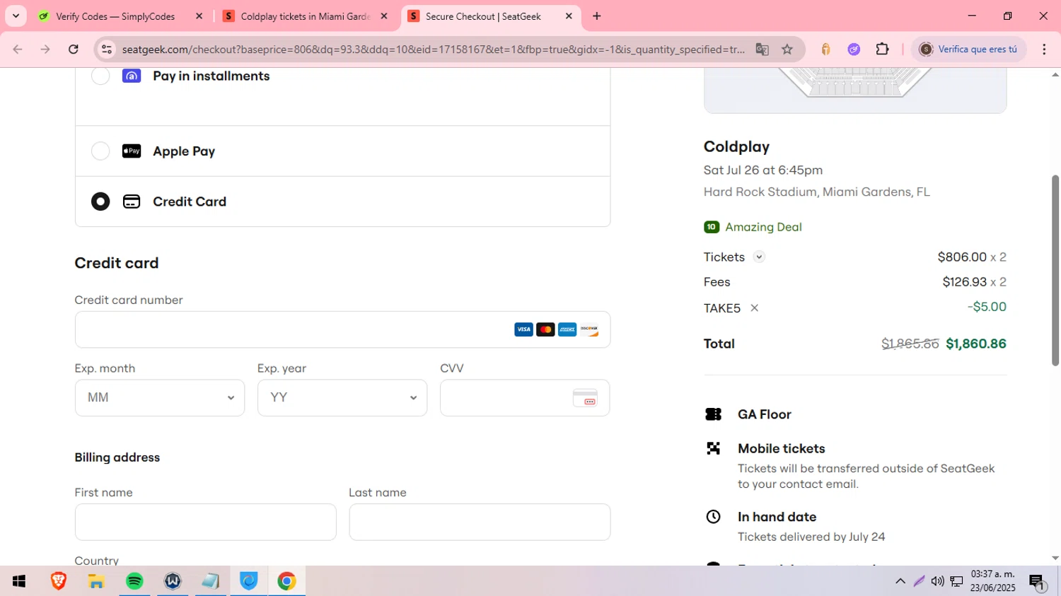 SeatGeek promo code screenshot showing code TAKE5 applied at SeatGeek checkout page. Uploaded by SimplyCodes community member DiscountDefender1226 on Jun 23, 2025