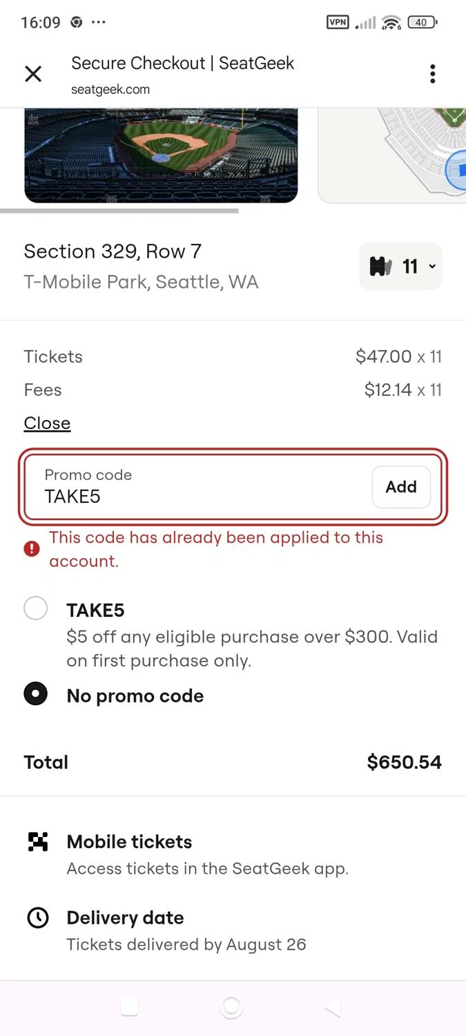 SeatGeek promo code screenshot showing code TAKE5 applied at SeatGeek checkout page. Uploaded by SimplyCodes community member ShieldWhiz4659 on Aug 25, 2025