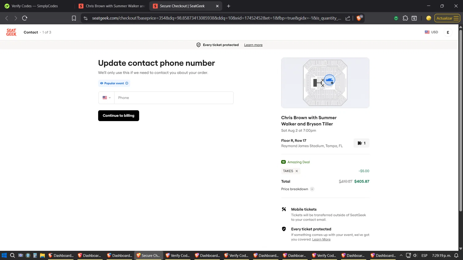 SeatGeek promo code screenshot showing code TAKE5 applied at SeatGeek checkout page. Uploaded by SimplyCodes community member ZoilaPerrita on Jul 28, 2025