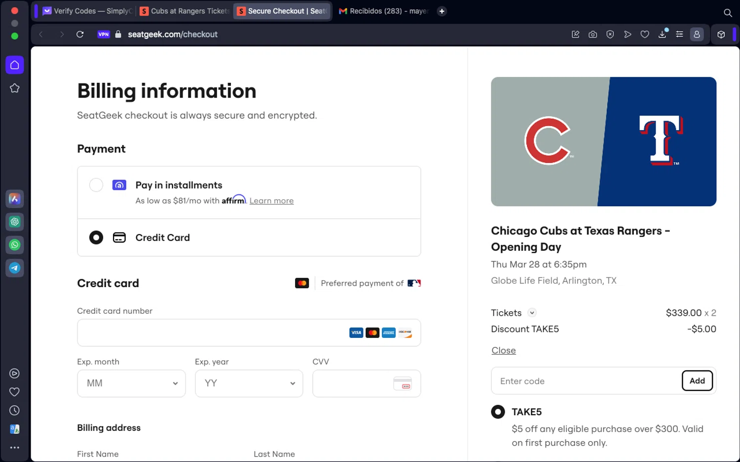 where to use SeatGeek promo code box