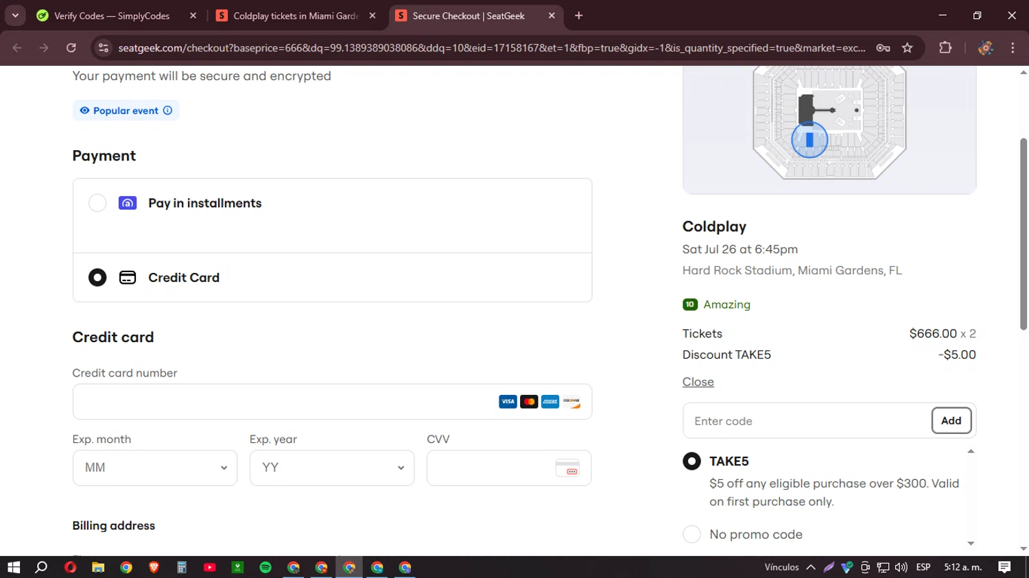SeatGeek promo code screenshot showing code TAKE5 applied at SeatGeek checkout page. Uploaded by SimplyCodes community member BudgetHunter9184 on Apr 3, 2025