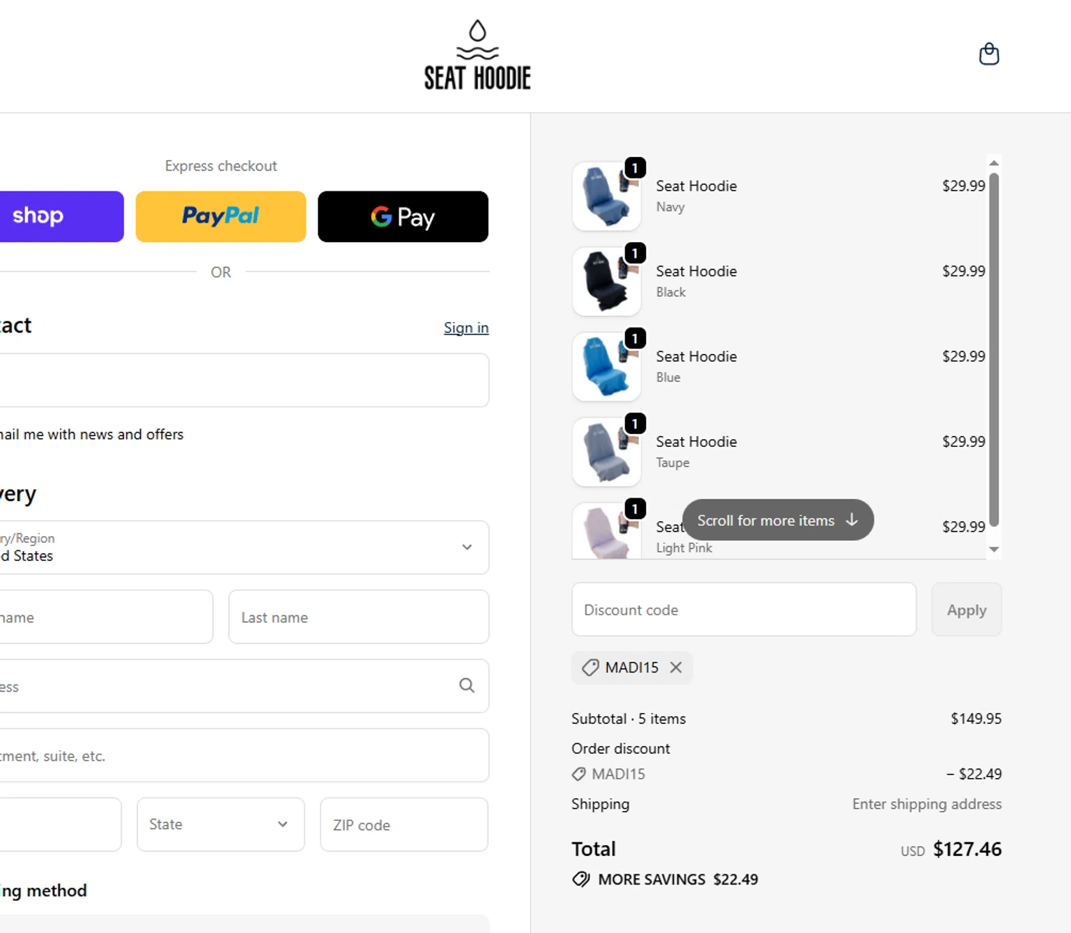 Seat Hoodie promo code screenshot showing code Madi15 applied at Seat Hoodie checkout page. Uploaded by SimplyCodes community member PennyScout6137 on Apr 3, 2026