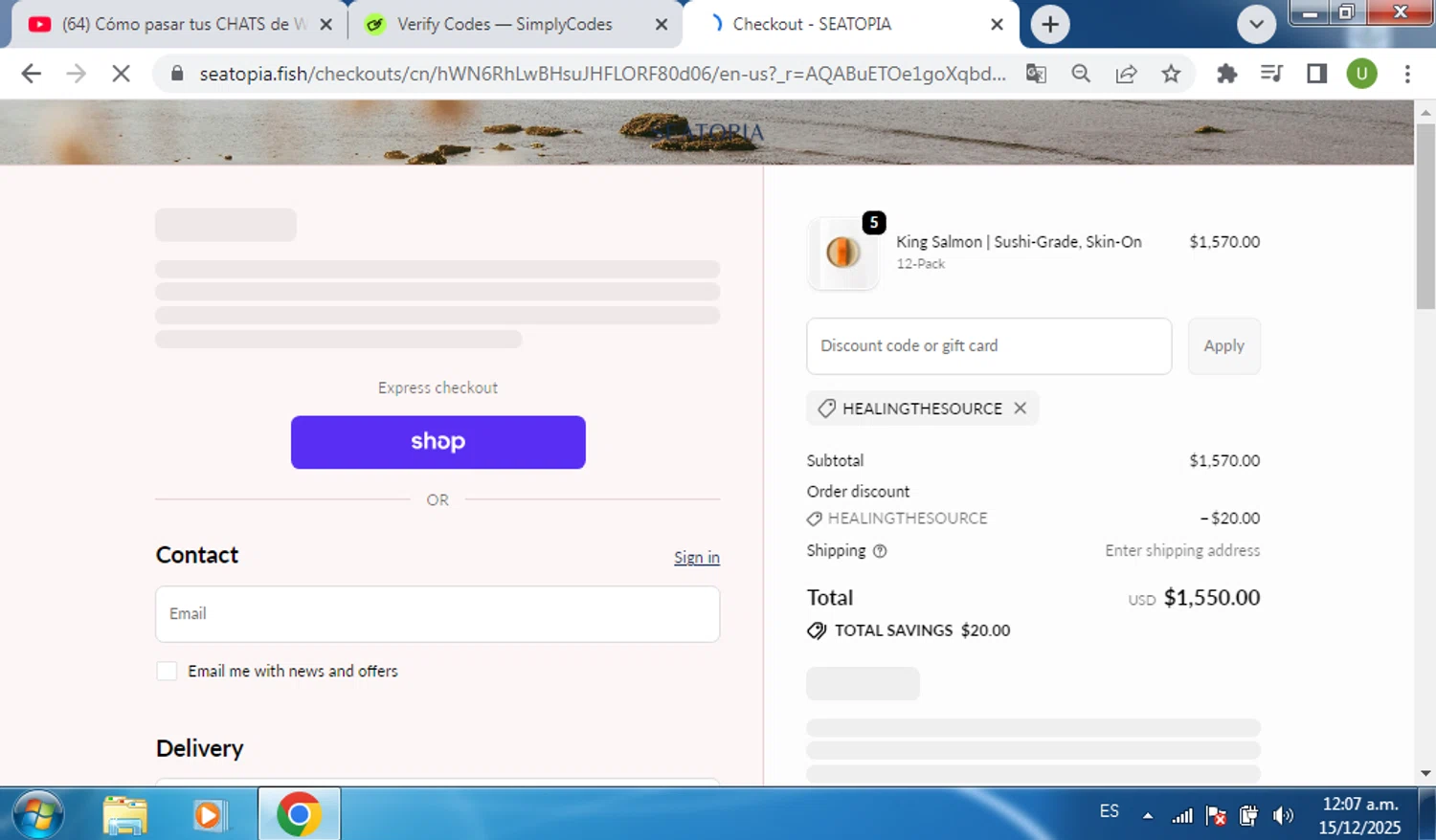 Seatopia checkout page showing Seatopia discount code box | Screenshot taken by SimplyCodes community member on Dec 15, 2025