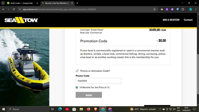 Sea Tow checkout page showing Sea Tow promo code box | Screenshot taken by SimplyCodes community member on Aug 15, 2025