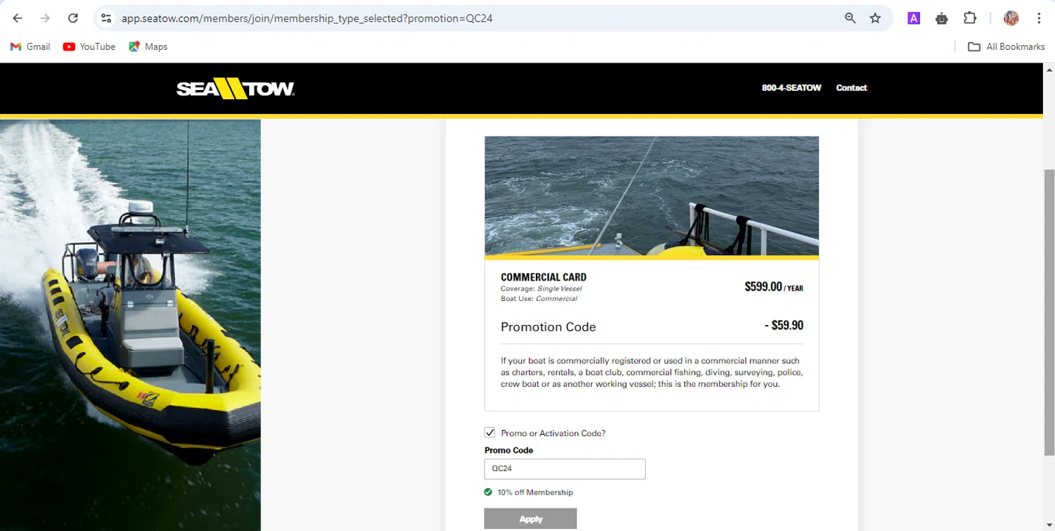 where to use Sea Tow promo code box