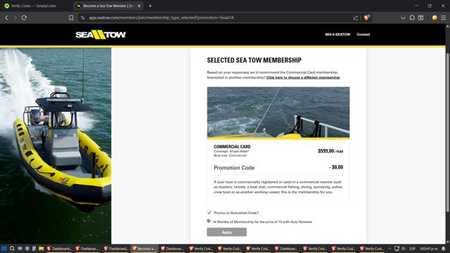 Sea Tow checkout page showing Sea Tow promo code box | Screenshot taken by SimplyCodes community member on Aug 15, 2025