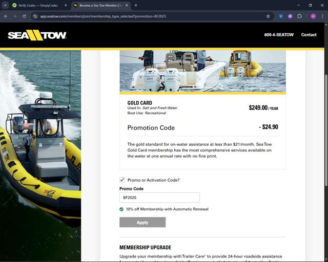 Sea Tow checkout page showing Sea Tow promo code box | Screenshot taken by SimplyCodes community member on Aug 15, 2025