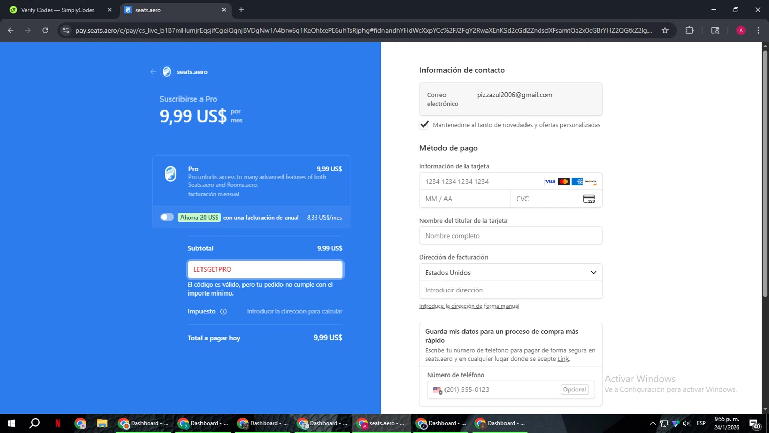 Seats.aero promo code screenshot showing code LETSGETPRO applied at Seats.aero checkout page. Uploaded by SimplyCodes community member BMWGS1200 on Jan 25, 2026