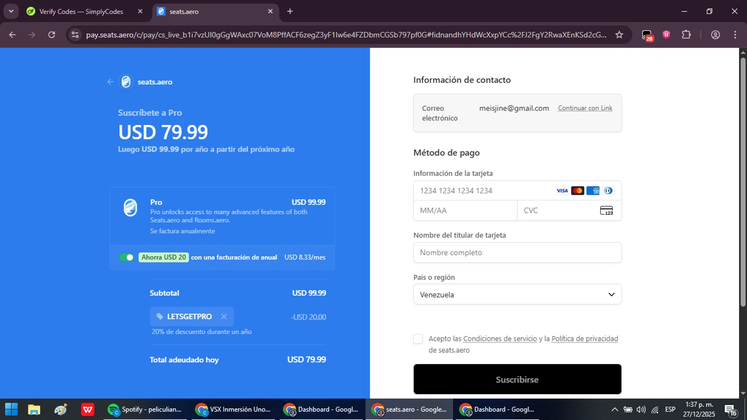 Seats.aero promo code screenshot showing code LETSGETPRO applied at Seats.aero checkout page. Uploaded by SimplyCodes community member ScanVoyager3538 on Dec 27, 2025