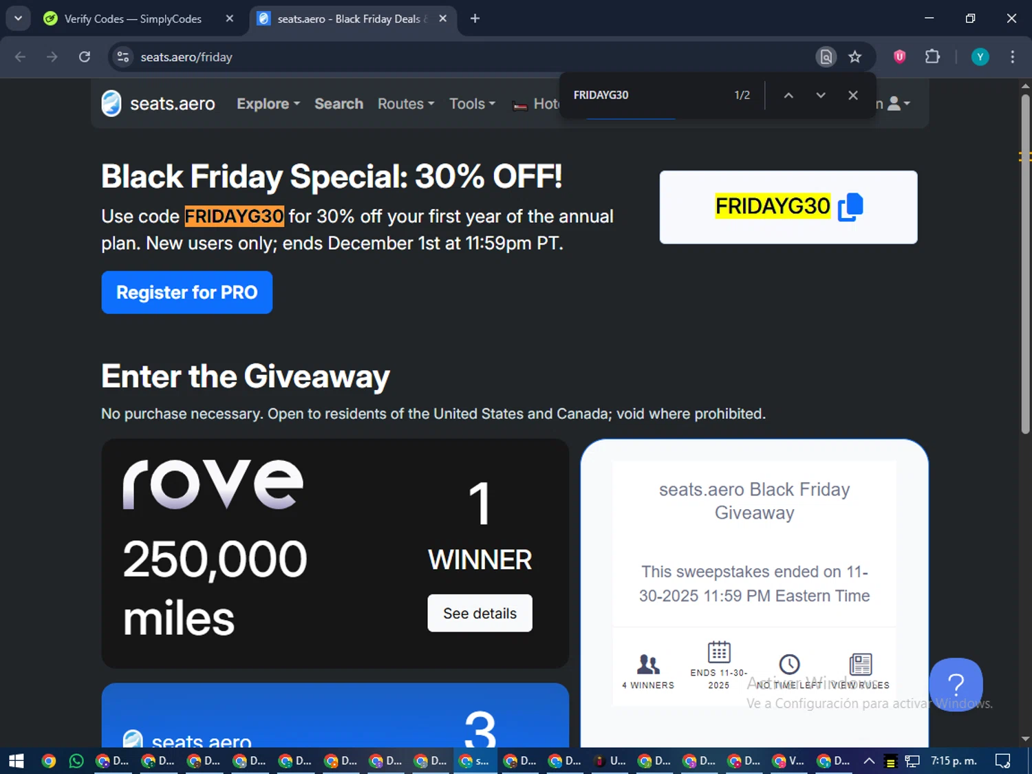 Seats.aero promo code screenshot showing code FRIDAYG30 applied at Seats.aero checkout page. Uploaded by SimplyCodes community member RoyalEagle4794 on Dec 4, 2025