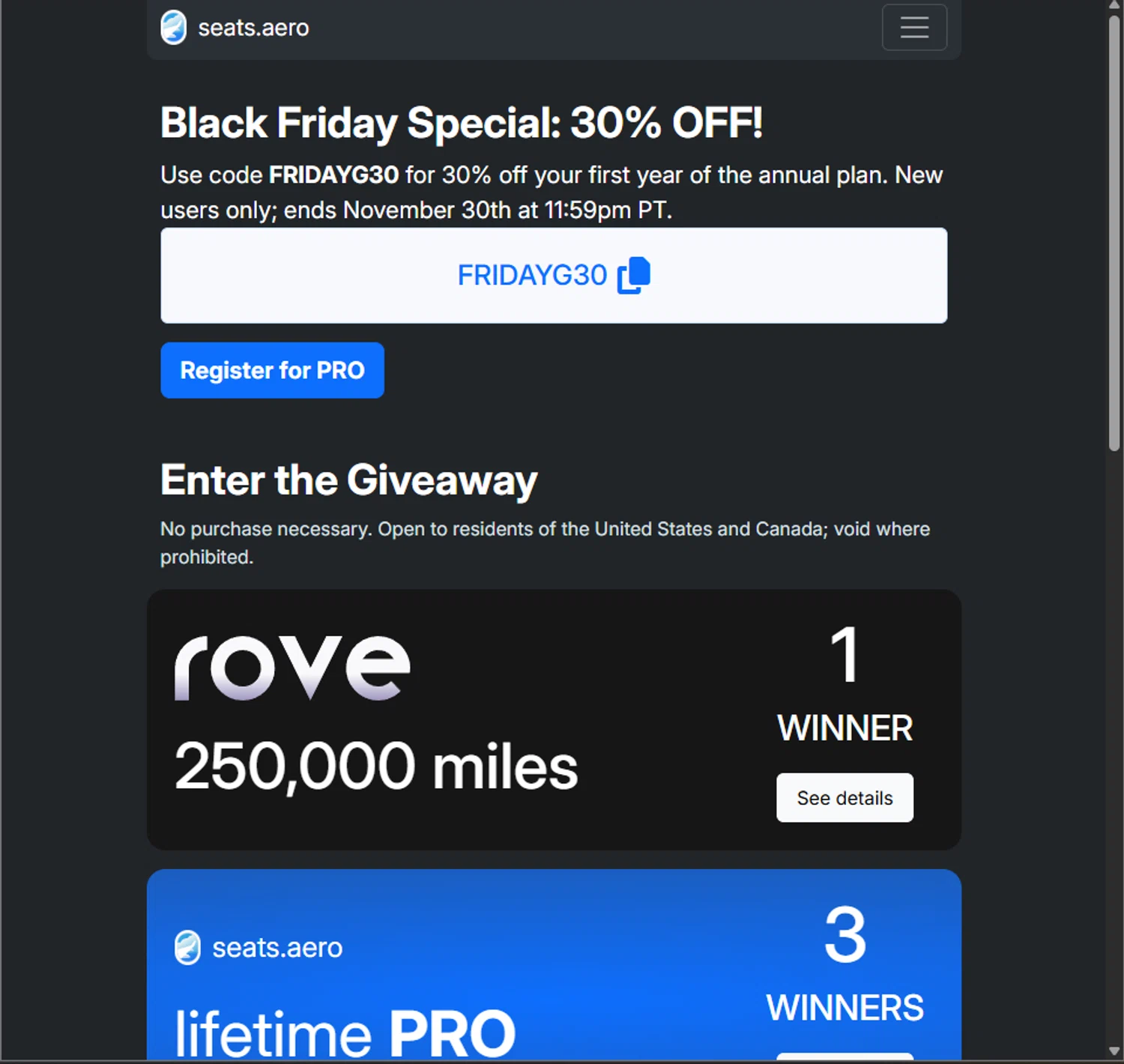 Seats.aero promo code screenshot showing code FRIDAYG30 applied at Seats.aero checkout page. Uploaded by SimplyCodes community member PillarsofCreation on Nov 25, 2025