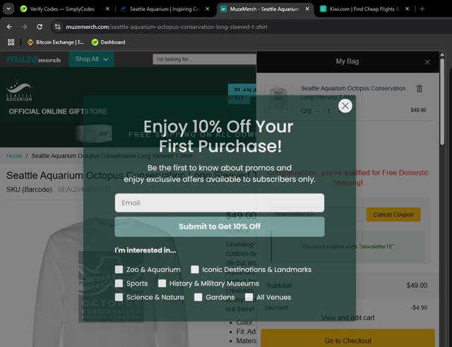 Seattle Aquarium checkout page showing Seattle Aquarium promo code box | Screenshot taken by SimplyCodes community member on Aug 9, 2025