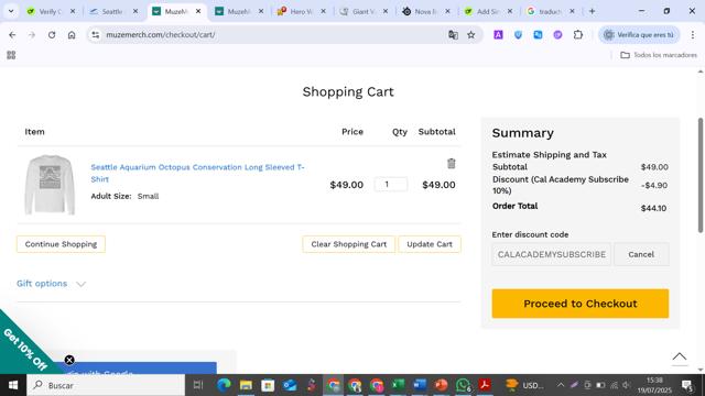 Seattle Aquarium checkout page showing Seattle Aquarium promo code box | Screenshot taken by SimplyCodes community member on Jul 19, 2025