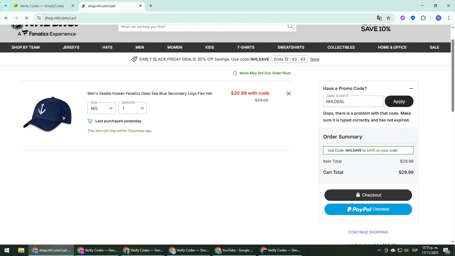Seattle Kraken Shop promo code screenshot showing code NHLDEAL applied at Seattle Kraken Shop checkout page. Uploaded by SimplyCodes community member QuestDefender2661 on Nov 17, 2025