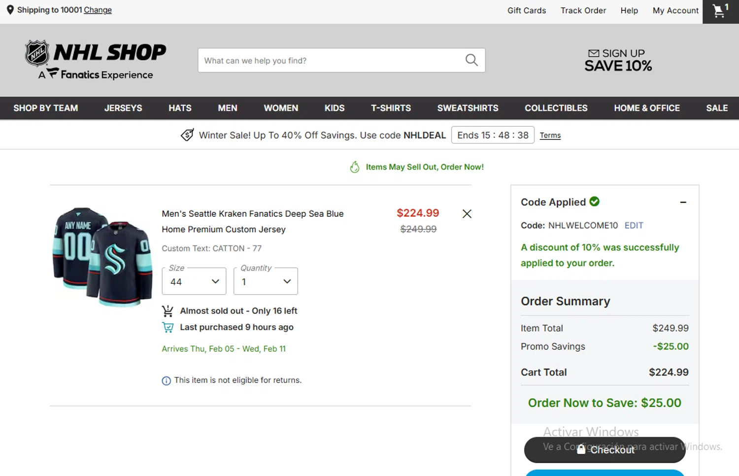 Seattle Kraken Shop checkout page showing Seattle Kraken Shop promo code box | Screenshot taken by SimplyCodes community member on Dec 31, 2025