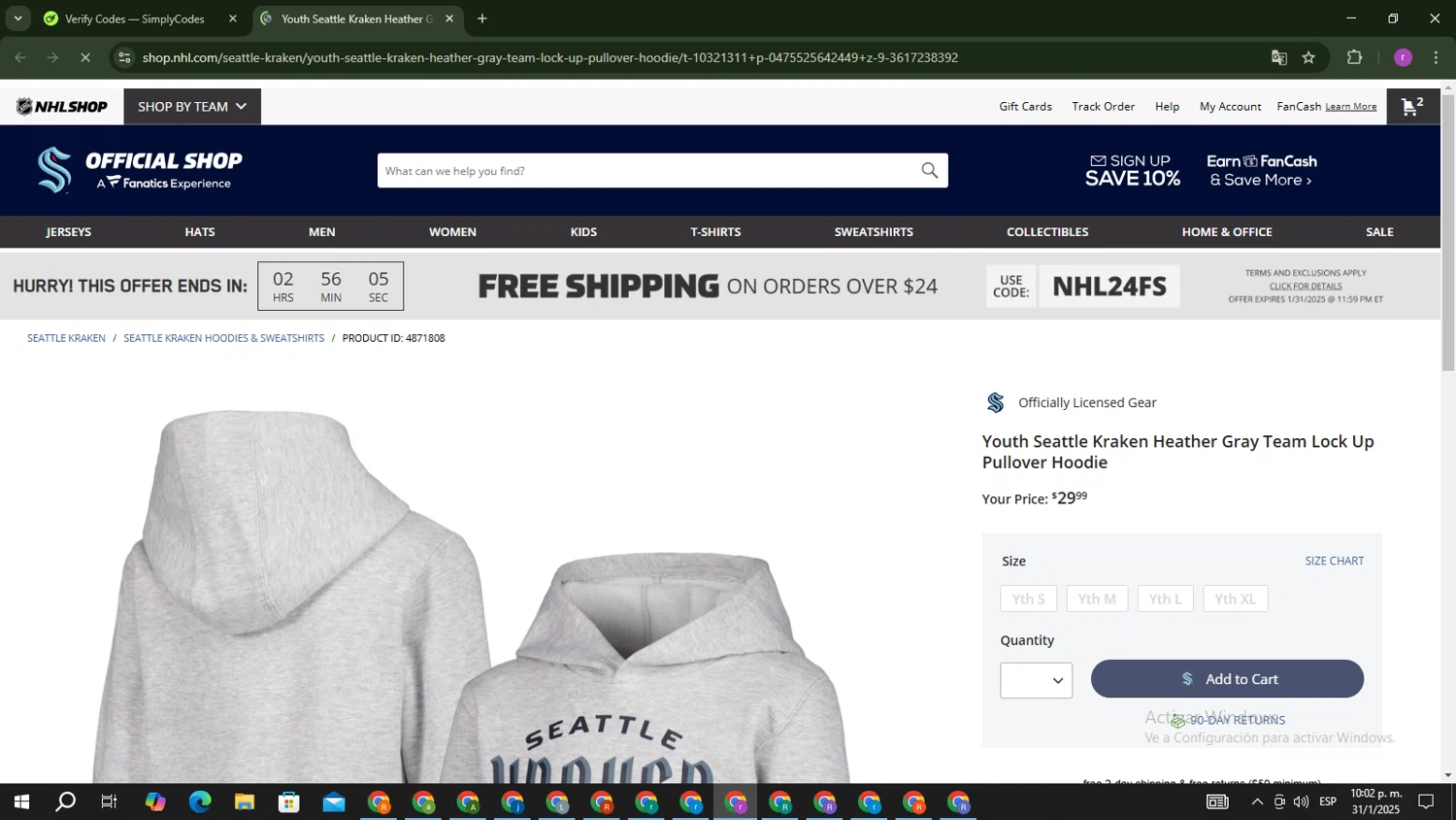 Seattle Kraken Shop promo code screenshot showing code NHLWELCOME10 applied at Seattle Kraken Shop checkout page. Uploaded by SimplyCodes community member EpicScout8515 on Feb 1, 2025