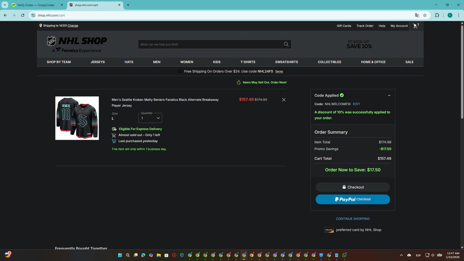 Seattle Kraken Shop promo code screenshot showing code NHLWELCOME10 applied at Seattle Kraken Shop checkout page. Uploaded by SimplyCodes community member SavingsRanger5017 on Jan 10, 2026