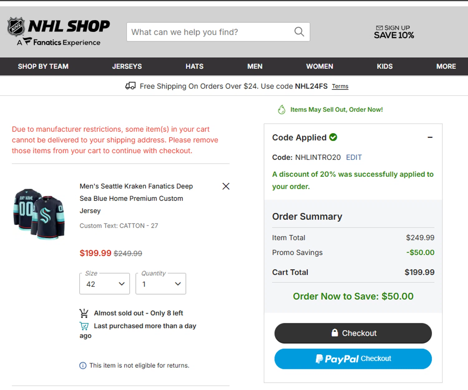 Seattle Kraken Shop promo code screenshot showing code NHLINTRO20 applied at Seattle Kraken Shop checkout page. Uploaded by SimplyCodes community member Jose_515 on Feb 5, 2026