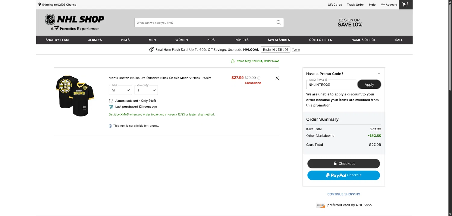 Seattle Kraken Shop promo code screenshot showing code NHLINTRO20 applied at Seattle Kraken Shop checkout page. Uploaded by SimplyCodes community member PromoElite4745 on Dec 17, 2025