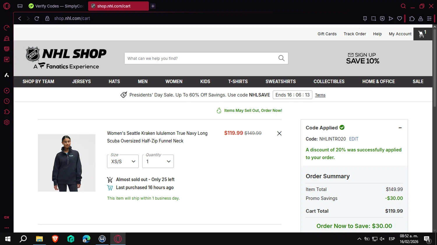Seattle Kraken Shop checkout page showing Seattle Kraken Shop promo code box | Screenshot taken by SimplyCodes community member on Feb 16, 2026