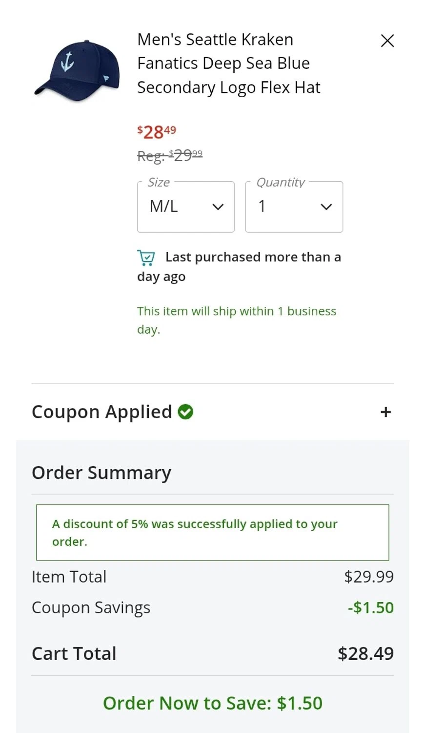 Seattle Kraken Shop promo code screenshot showing code NHLCOUPON5 applied at Seattle Kraken Shop checkout page. Uploaded by SimplyCodes community member CouponCurator5931 on Apr 30, 2025