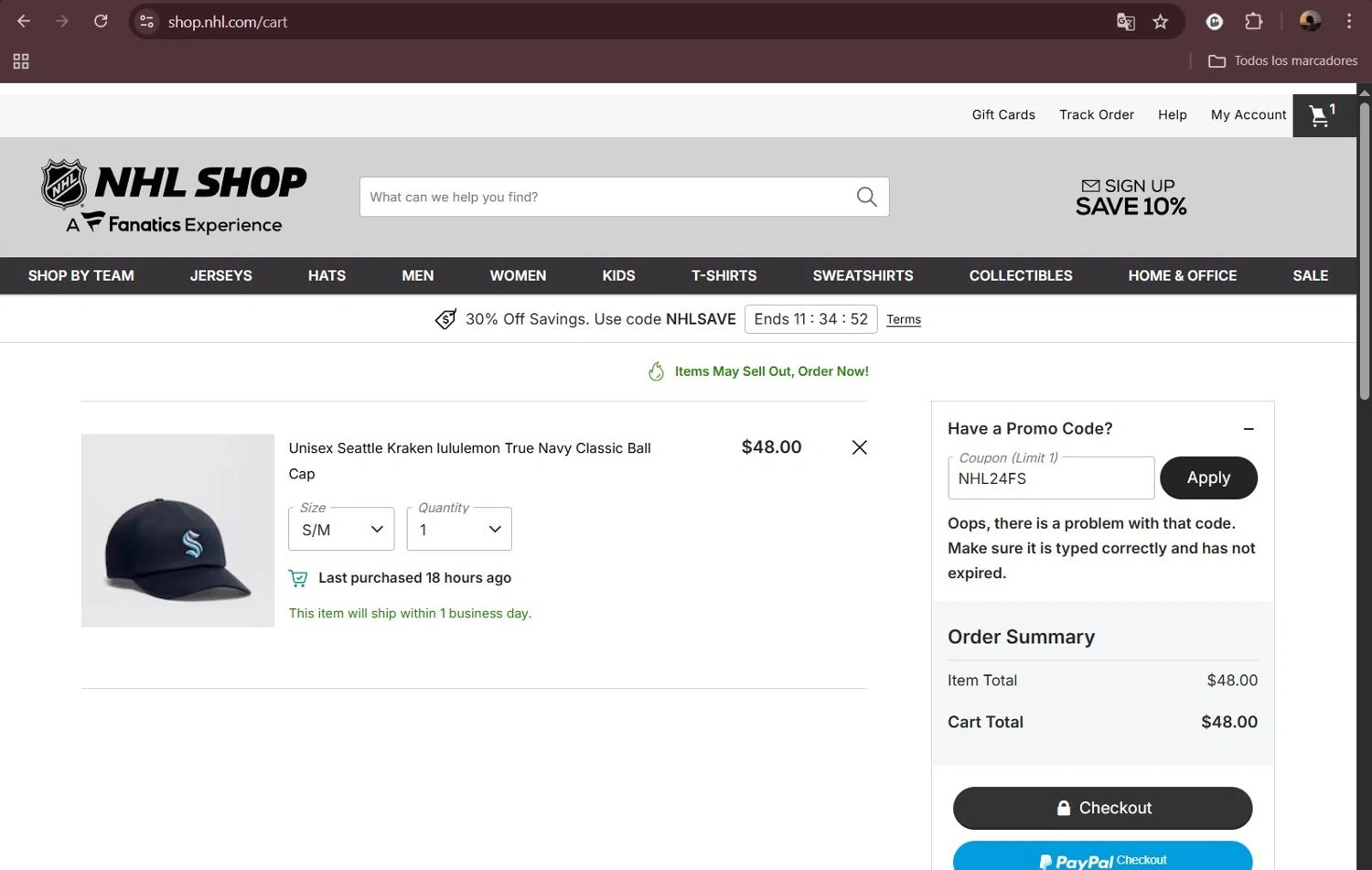 Seattle Kraken Shop promo code screenshot showing code NHL24FS applied at Seattle Kraken Shop checkout page. Uploaded by SimplyCodes community member Milaya on Oct 11, 2025
