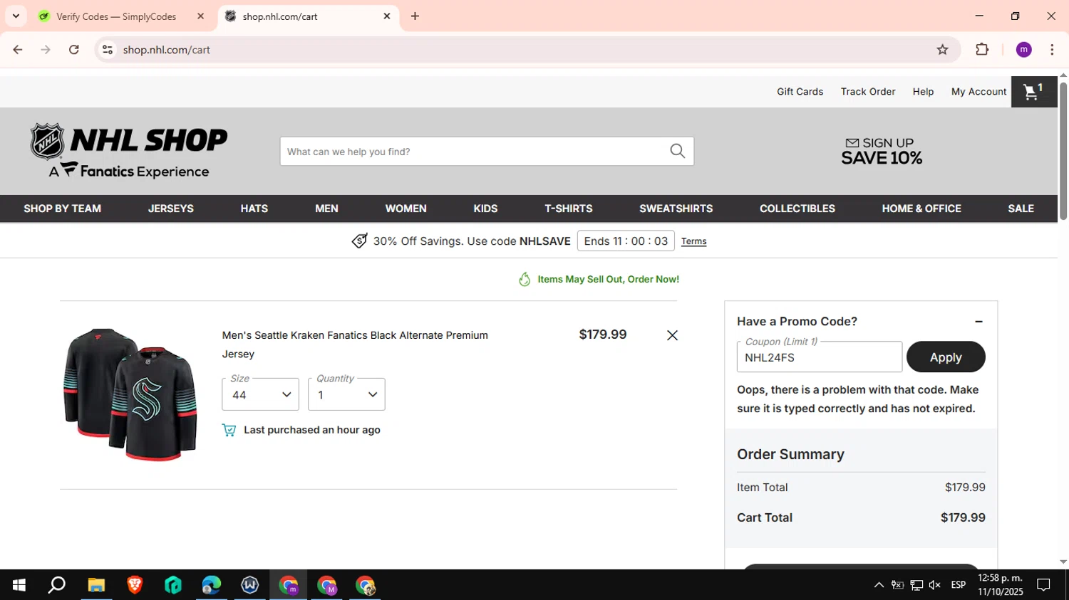 Seattle Kraken Shop promo code screenshot showing code NHL24FS applied at Seattle Kraken Shop checkout page. Uploaded by SimplyCodes community member VictoriousCurator6515 on Oct 11, 2025