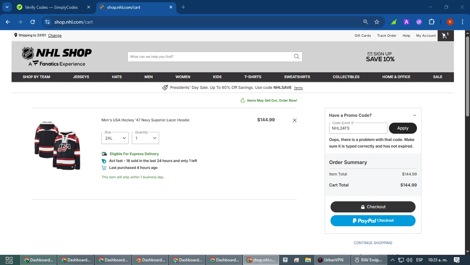 Seattle Kraken Shop promo code screenshot showing code NHL24FS applied at Seattle Kraken Shop checkout page. Uploaded by SimplyCodes community member robertotorrealba on Feb 14, 2026