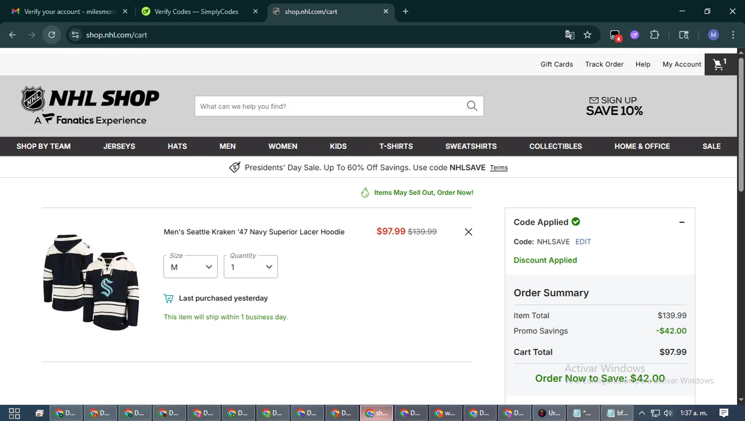 Seattle Kraken Shop checkout page showing Seattle Kraken Shop promo code box | Screenshot taken by SimplyCodes community member on Feb 13, 2026