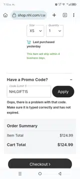 NHLGIFT15 coupon verification screenshot