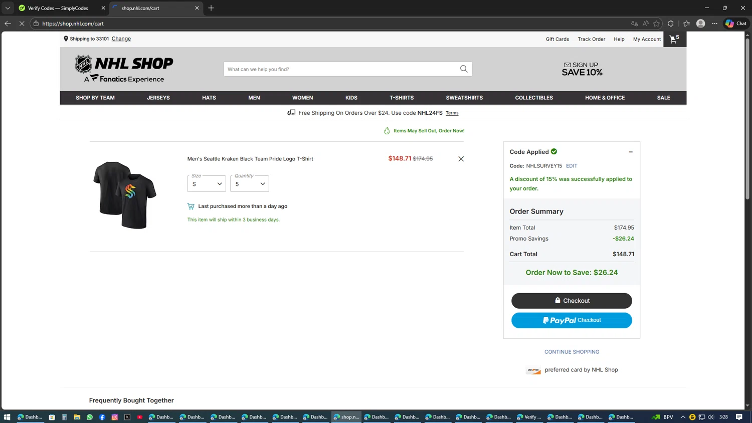 Seattle Kraken Shop checkout page showing Seattle Kraken Shop promo code box | Screenshot taken by SimplyCodes community member on Feb 9, 2026
