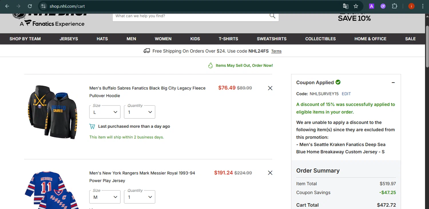 Seattle Kraken Shop promo code screenshot showing code NHLSURVEY15 applied at Seattle Kraken Shop checkout page. Uploaded by SimplyCodes community member SmartMaestro6853 on Sep 6, 2025