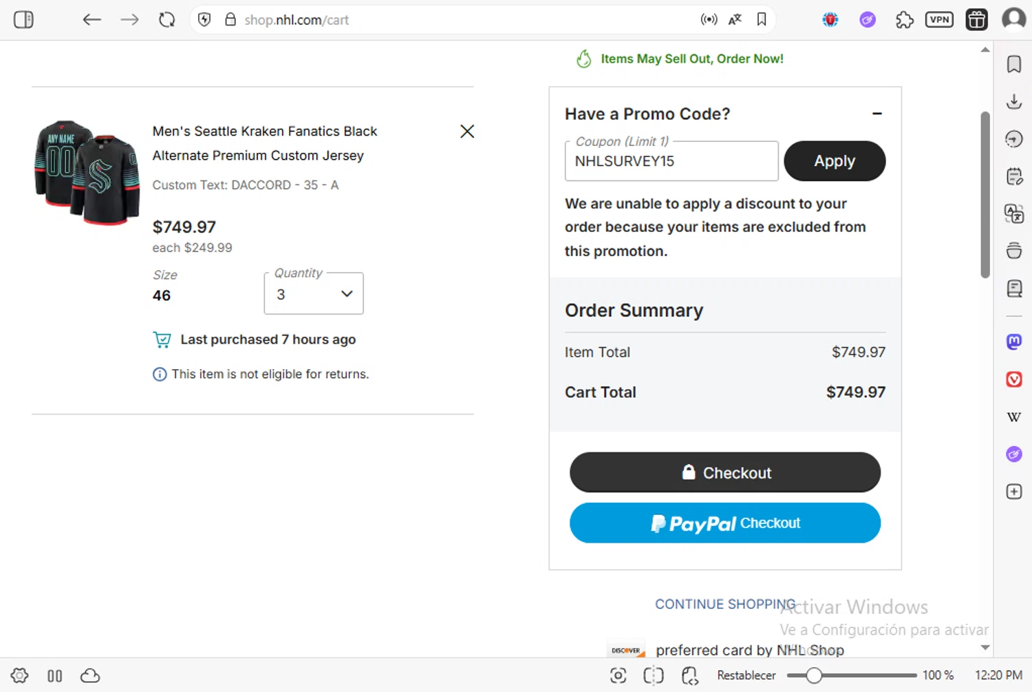 Seattle Kraken Shop promo code screenshot showing code NHLSURVEY15 applied at Seattle Kraken Shop checkout page. Uploaded by SimplyCodes community member luissilva2 on Nov 3, 2025