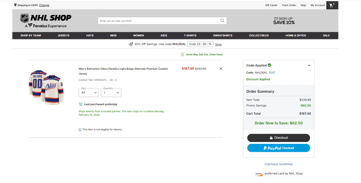 Seattle Kraken Shop promo code screenshot showing code NHLDEAL applied at Seattle Kraken Shop checkout page. Uploaded by SimplyCodes community member Dulce__ on Jan 24, 2026