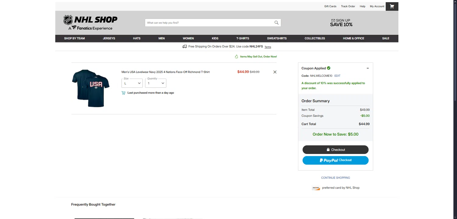 Seattle Kraken Shop promo code screenshot showing code NHLWELCOME10 applied at Seattle Kraken Shop checkout page. Uploaded by SimplyCodes community member User404 on Aug 15, 2025